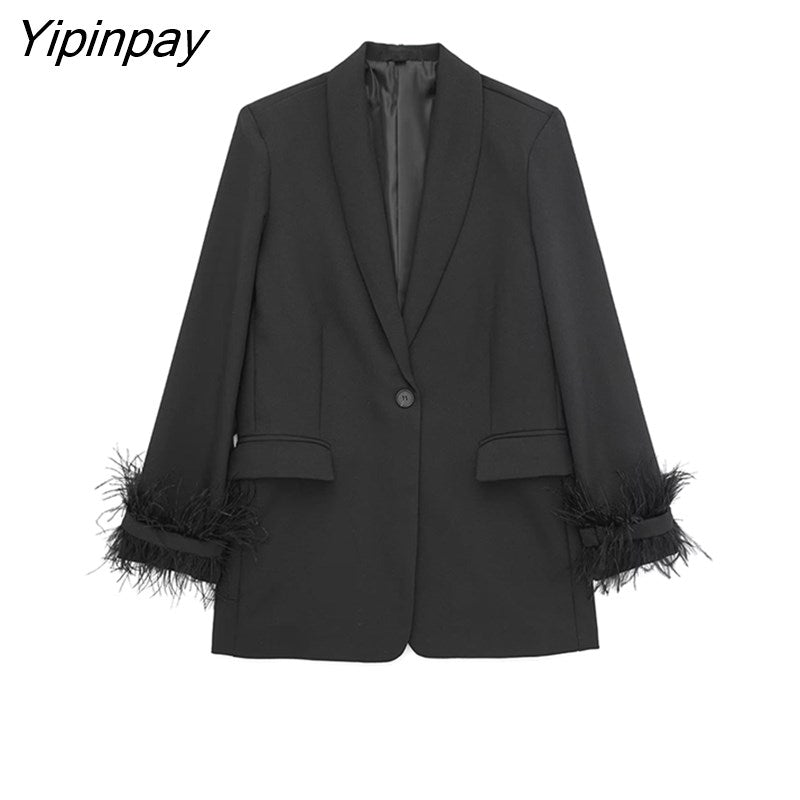 Yipinpay 2023 Women Feather Blazer Jackets Spring Autumn Notched Office Outfits Pockets Coats Single Button Long Sleeve Chic Outwear