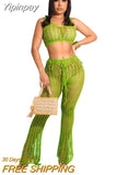 Yipinpay Summer Beach Wear Knit Outfits Women Hollow Out Crop Tops And See Through Straight Pant Suits Femme 2 Piece Matching Sets
