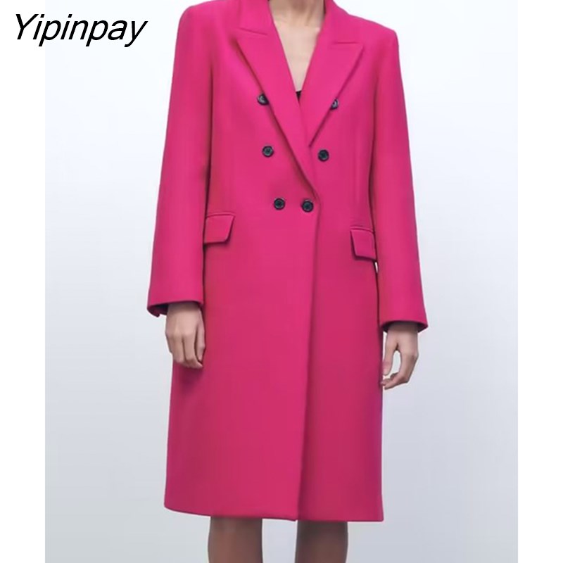 Yipinpay 2023 Women Solid Woolen Coat Autumn Winter Office Lady Long Sleeve Outwear Double Breasted Warm Basic Notched Overcoat