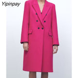 Yipinpay 2023 Women Solid Woolen Coat Autumn Winter Office Lady Long Sleeve Outwear Double Breasted Warm Basic Notched Overcoat