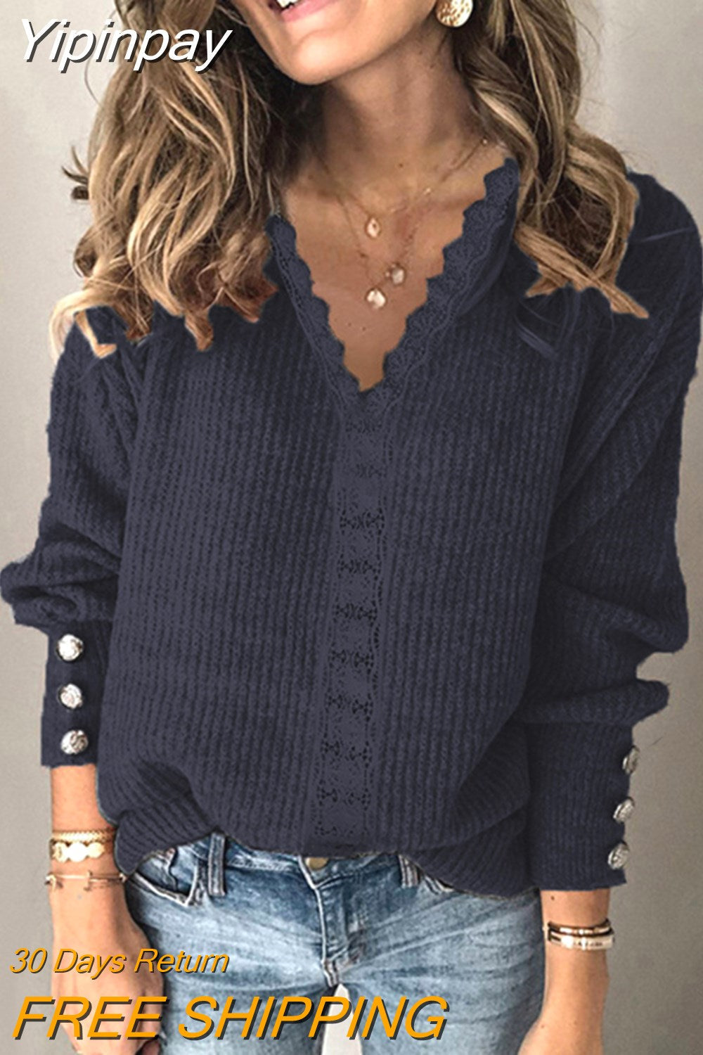 Yipinpay autumn and winter new lace V-neck coat head sweater ladies loose long sleeve solid color sweater pullover tops