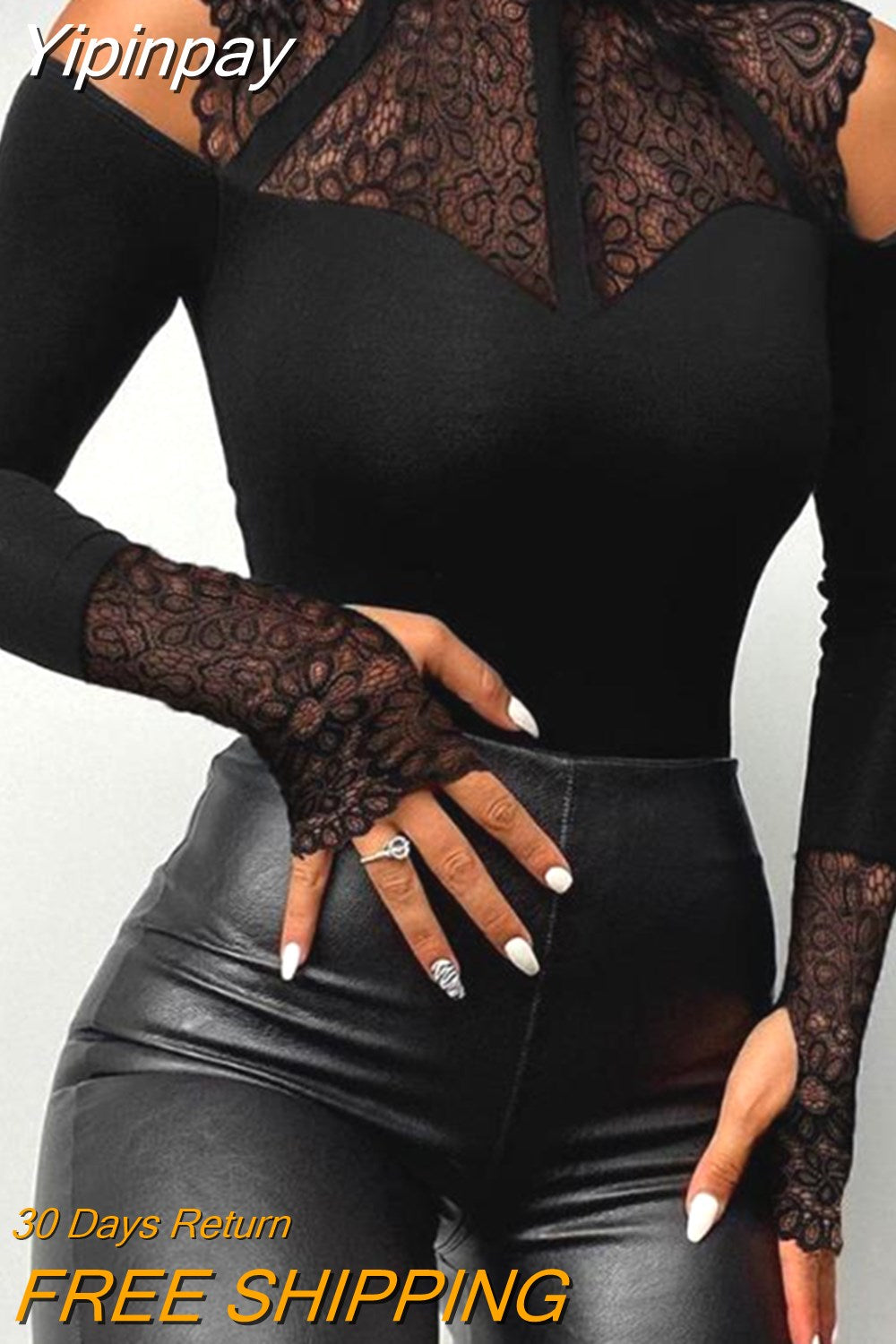 Yipinpay TeeContrast Lace Cutout Long Sleeve Top ew ashion woman shirt 2023 autumn winter spring blouses female clothing outfits