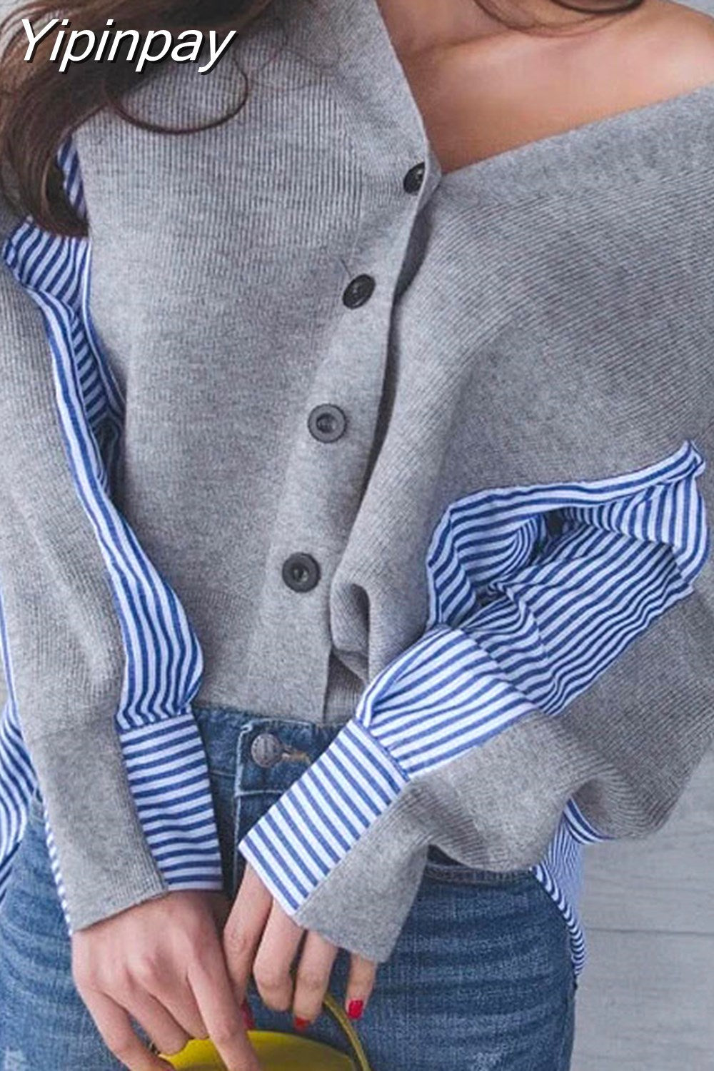 Yipinpay Patchwork Sweater Button Cardigan Laine Lovely Jumper V Neck Black Grey Sweaters Casual Women Autumn Knitting Stripe Tops