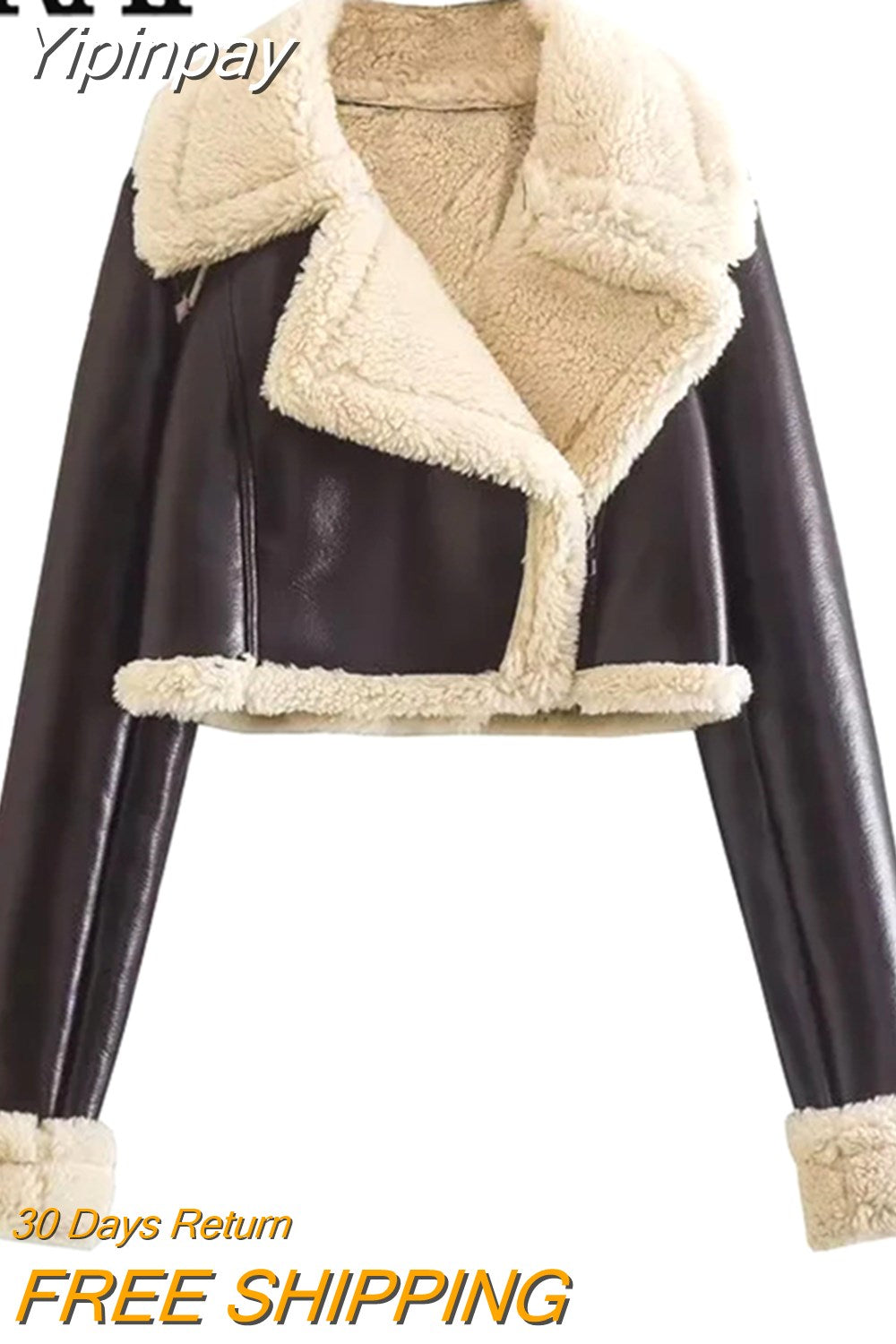 Yipinpay Faux Leather Cropped Jacket Woman Fleece Jacket Women Double Faced Zip Up Short Teddy Coat Warm Winter Women's Jackets