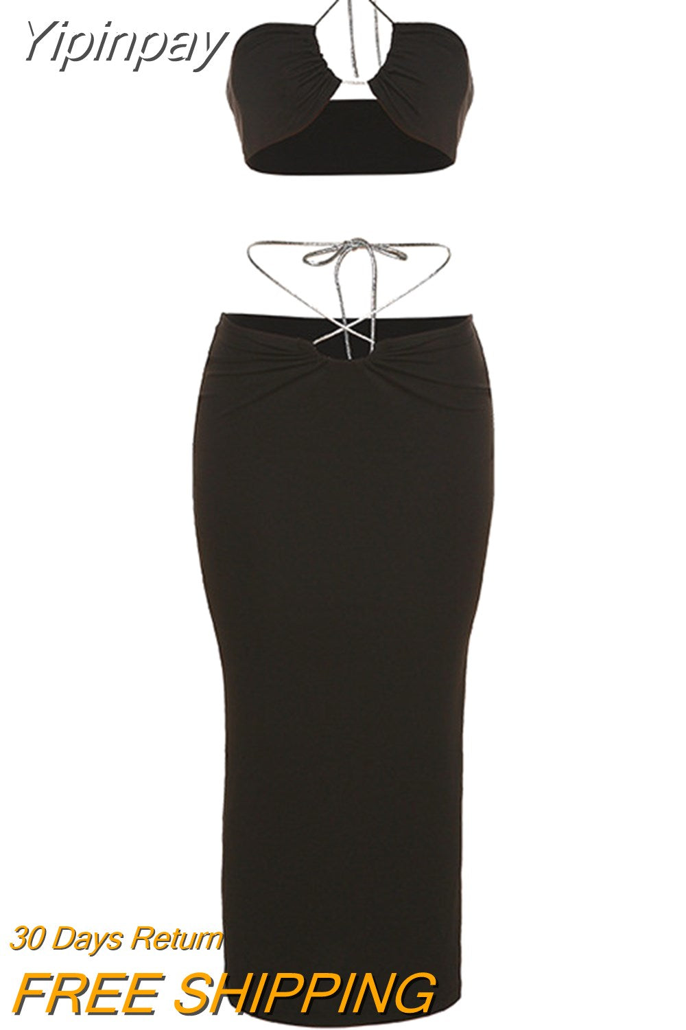 Yipinpay Sexy Hollow Out Backless Women Two Piece Sets Black Halter Top High Waist Skirt Female Summer Slim Club Party Skirts Set