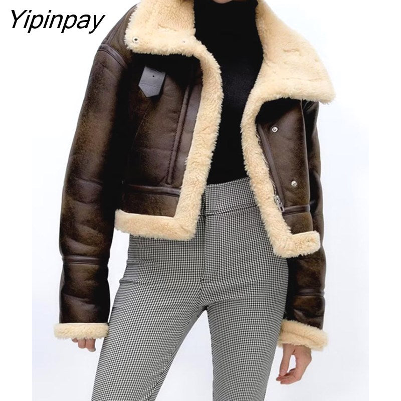 Yipinpay 2023 Women Winter Fleece Jackets Fashion Thicken Warm Long Sleeve Zipper Coats Loose Vintage Ladies Cold Street Outwear