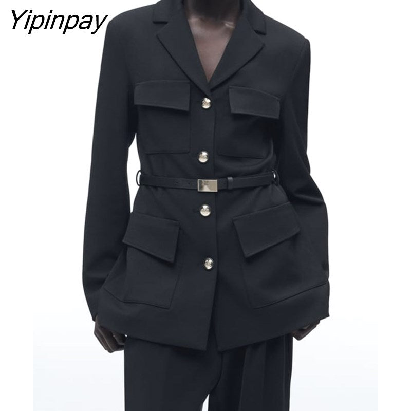 Yipinpay 2023 Women Solid Blazer Jacket With Belt Spring Notched Office Outfits Coats Single Breasted Chic Outwear