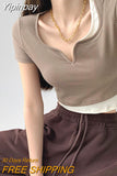 Yipinpay Streetwear Fake Two-piece T-shirts Women Summer Slim V-neck Short Sleeve Patchwork Crop Tops New