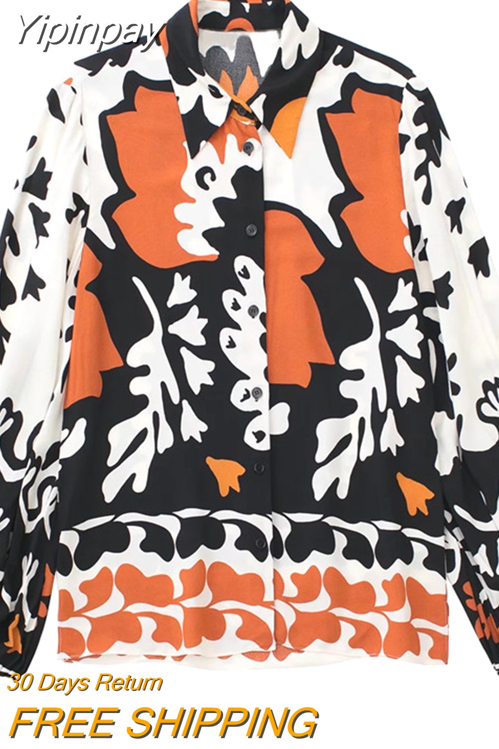 Yipinpay Women Blouse Print Button Up Shirt Woman Puff Long Sleeve Top Female Vintage Baggy Collared Shirt Fashion Streetwear Blouse