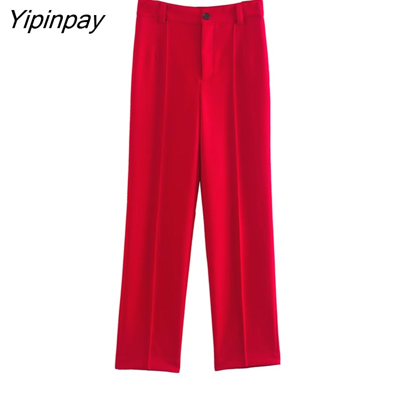 Yipinpay 2023 Ladies Red Blazer Suit 2Pcs Office Outfits Single Button Jacket+Zipper Trousers Basic Long Pant Autumn Winter