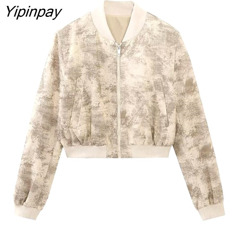 Yipinpay Women Spring Pilot Jackets Skirt Sets 2023 Fashion Print Long Sleeved Short Coats Pockets Elastic Waist Mini Skirts Outwear