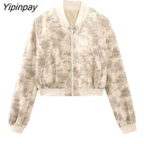 Yipinpay Women Spring Pilot Jackets Skirt Sets 2023 Fashion Print Long Sleeved Short Coats Pockets Elastic Waist Mini Skirts Outwear