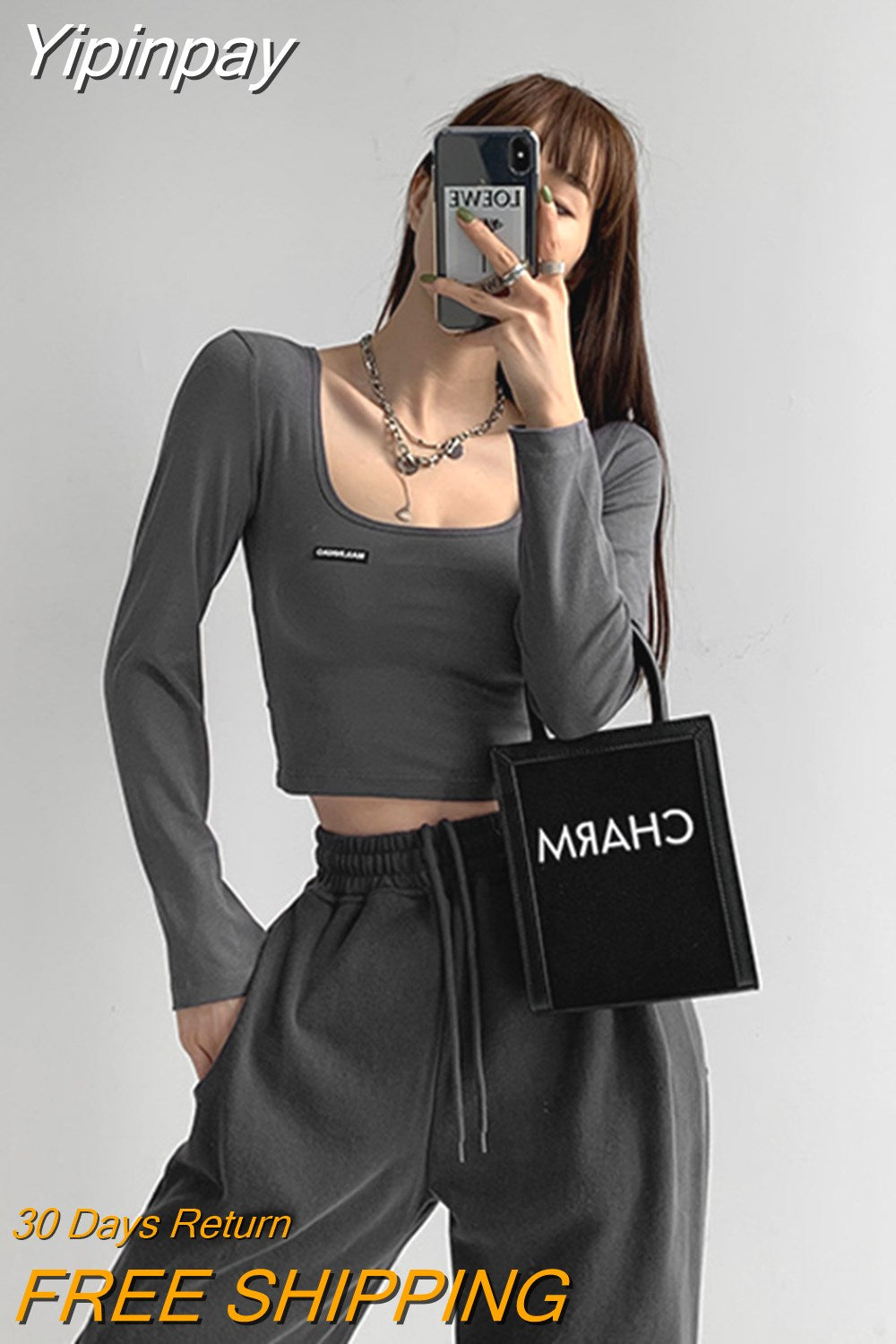 Yipinpay Labeling Long Sleeve T-shirt Women New Korean Skinny Cropped Tops Fashion Casual Square Collar Basic Tees Egirls