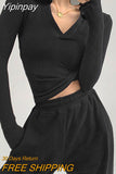Yipinpay V-Neck Slim Fitness Women's T-Shirt Fashion New Long Sleeve Polo Shirt Woman High Waist Cropped Tops