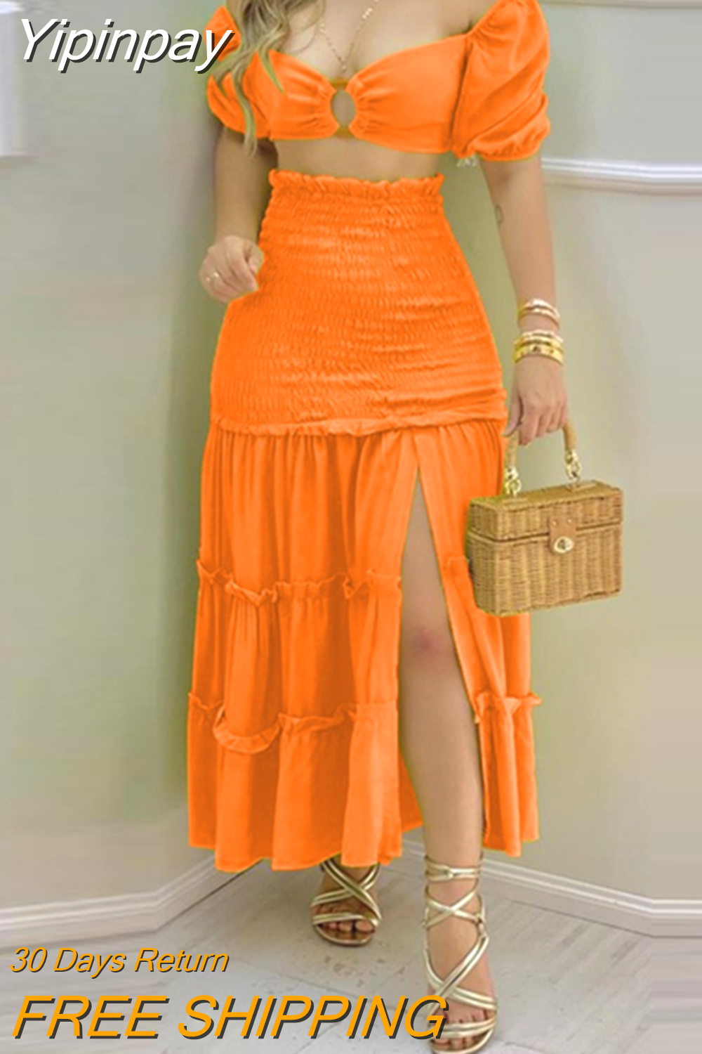 Yipinpay Fashion Holiday Floral Print O Neck Crop Top Shirr +Slit High Waist Women Maxi Skirt Sets 2023 Female Fashion New