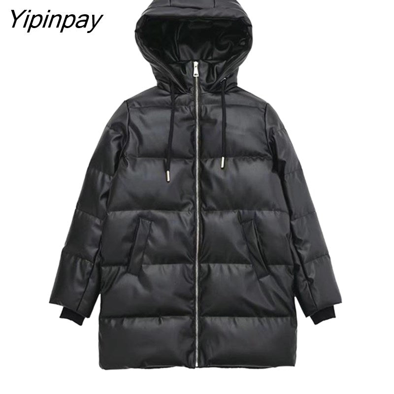 Yipinpay Winter Women's Leather Cotton Coat 2023 Ladies Fashion Thicken Warm Hooded Parkas Casual Cold Street Zipper Outwear