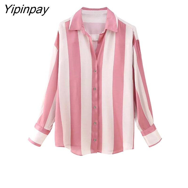 Yipinpay 2023 New Women Thin Striped Blouses Shirt Summer Causal Turn-Down Collar Tops Vintage Single Breasted Loose T-Shirts