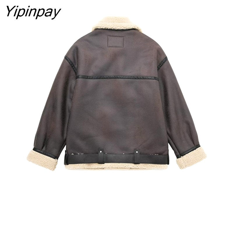 Yipinpay Winter Female Thicken Patchwork Jackets 2023 Fleece Warm Long Sleeve Zipper Coats Loose Vintage Female Waistcoat Chic Tops