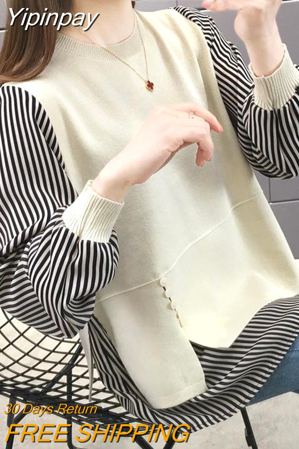 Yipinpay Oversized Crop Top Mujer Long Sleeve Striped Splice Knitted Sweater Casual Pullover Women Harajuk Black Red Yellow