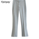 Yipinpay 2023 Spring Autumn Ladies Gray Blazer Suit Office Outfits Solid Double Breasted Jacket+Zipper Split Basic Long Pant Outwear
