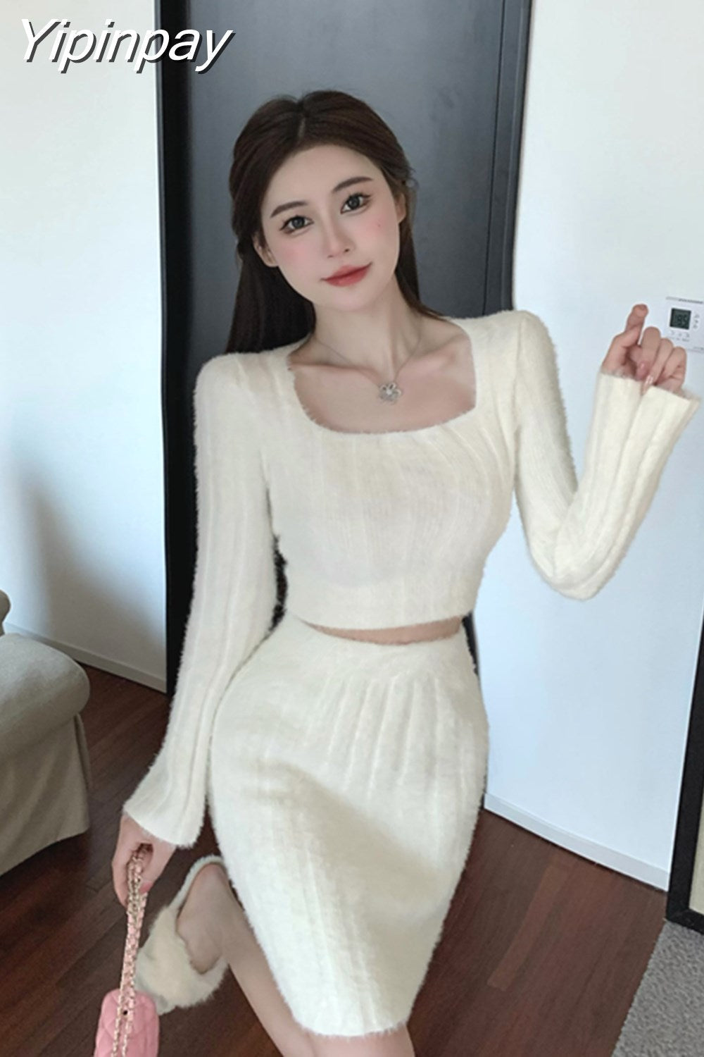 Yipinpay two piece skirt set Plush knit women long sleeve crop top +High waist midi skirts Elegant fall Winter 2023 white purple set