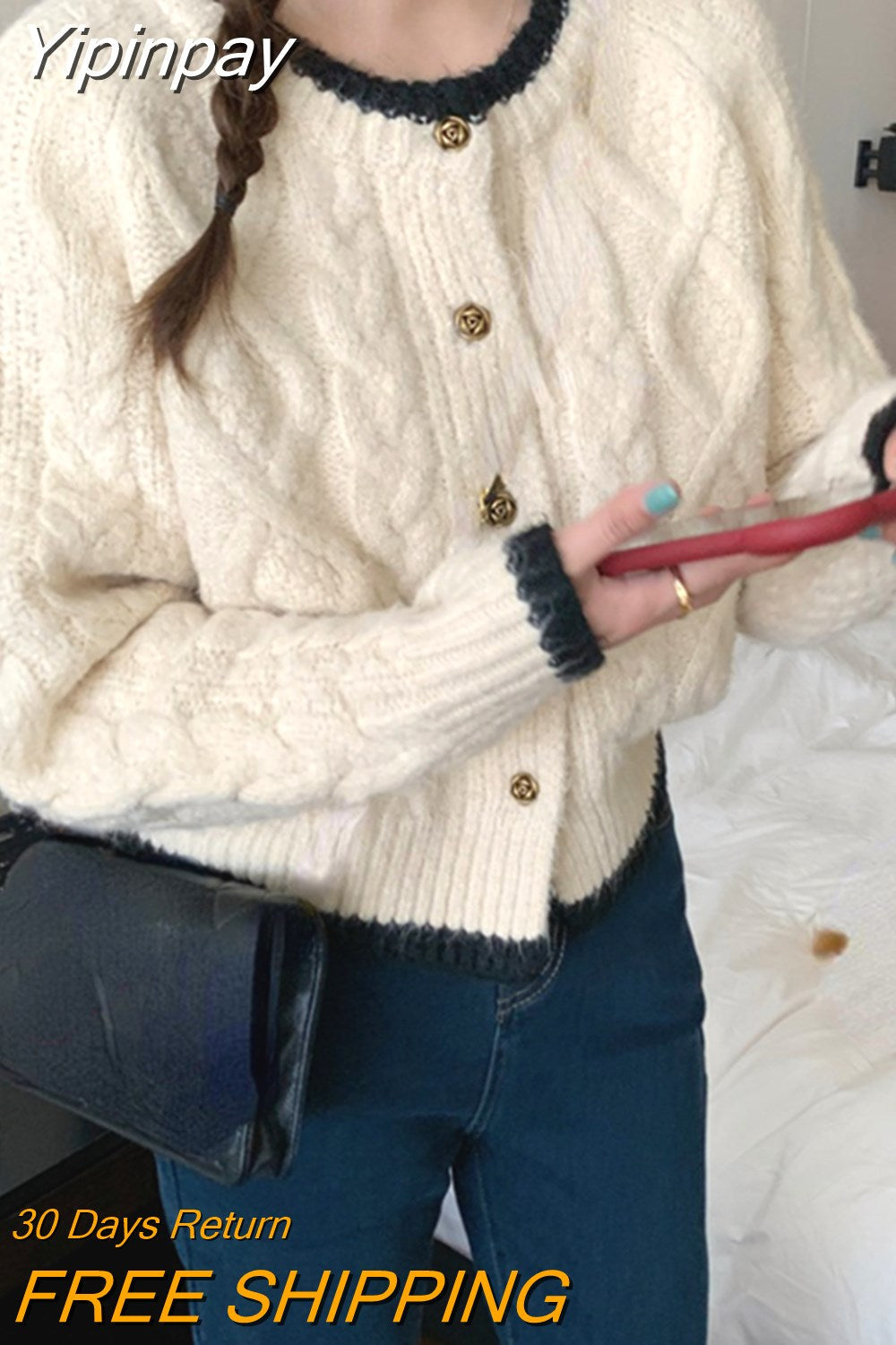 Yipinpay Autumn Pure Color Casual Tops Korean Fashion Y2k Clothing Woman Elegant Knitted Sweater Cardigan Long Sleeve Design Chic