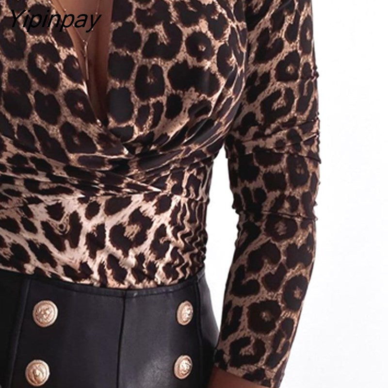 Yipinpay Women Cheetah Print V-neck Long Sleeve Top Blouse Womens Tops and Blouses