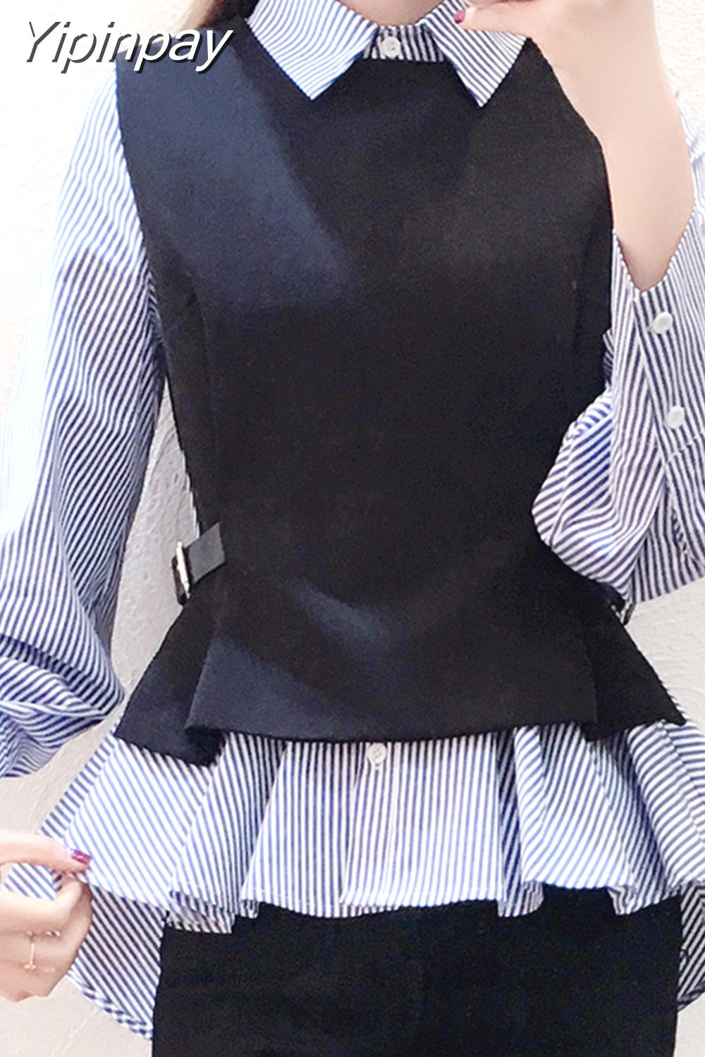 Yipinpay Patchwork Shirt Womens Tops Office Blouse Fake Collar ladies Blue Stripe Slim Casual Autumn Warm Shirts Long Sleeve 2PC