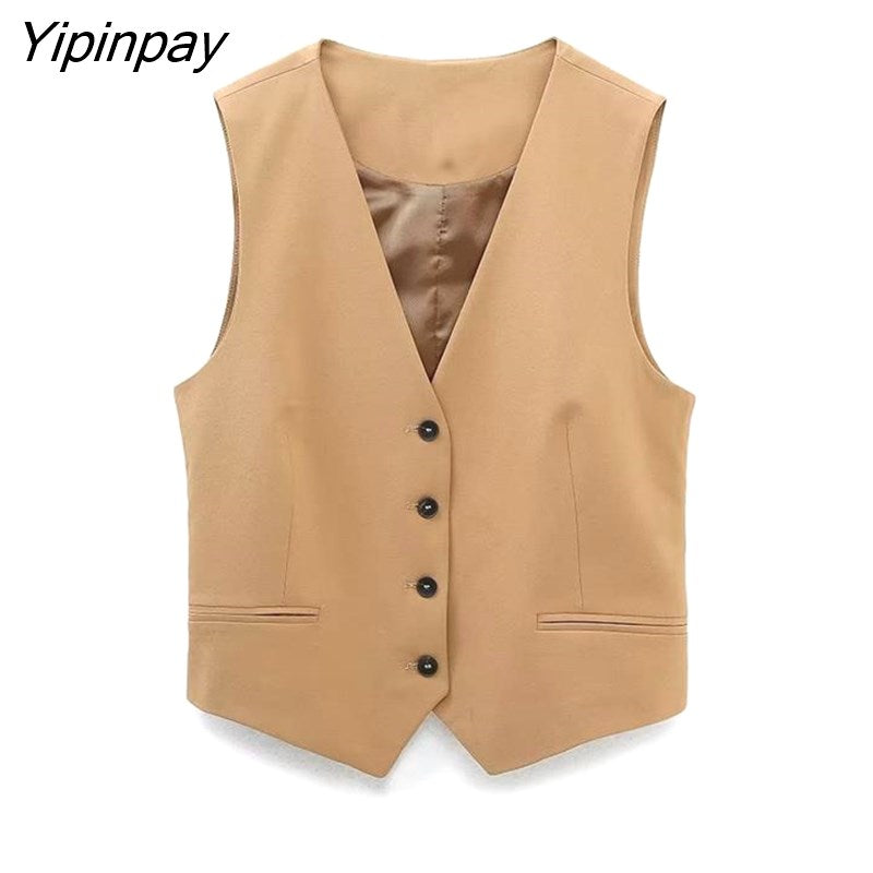 Yipinpay 2023 Women Pant Vest Suit Sets Spring Autumn Fashion V-neck Coat Zipper Wide Leg Pants Basic Causal Office Outfits Outwear
