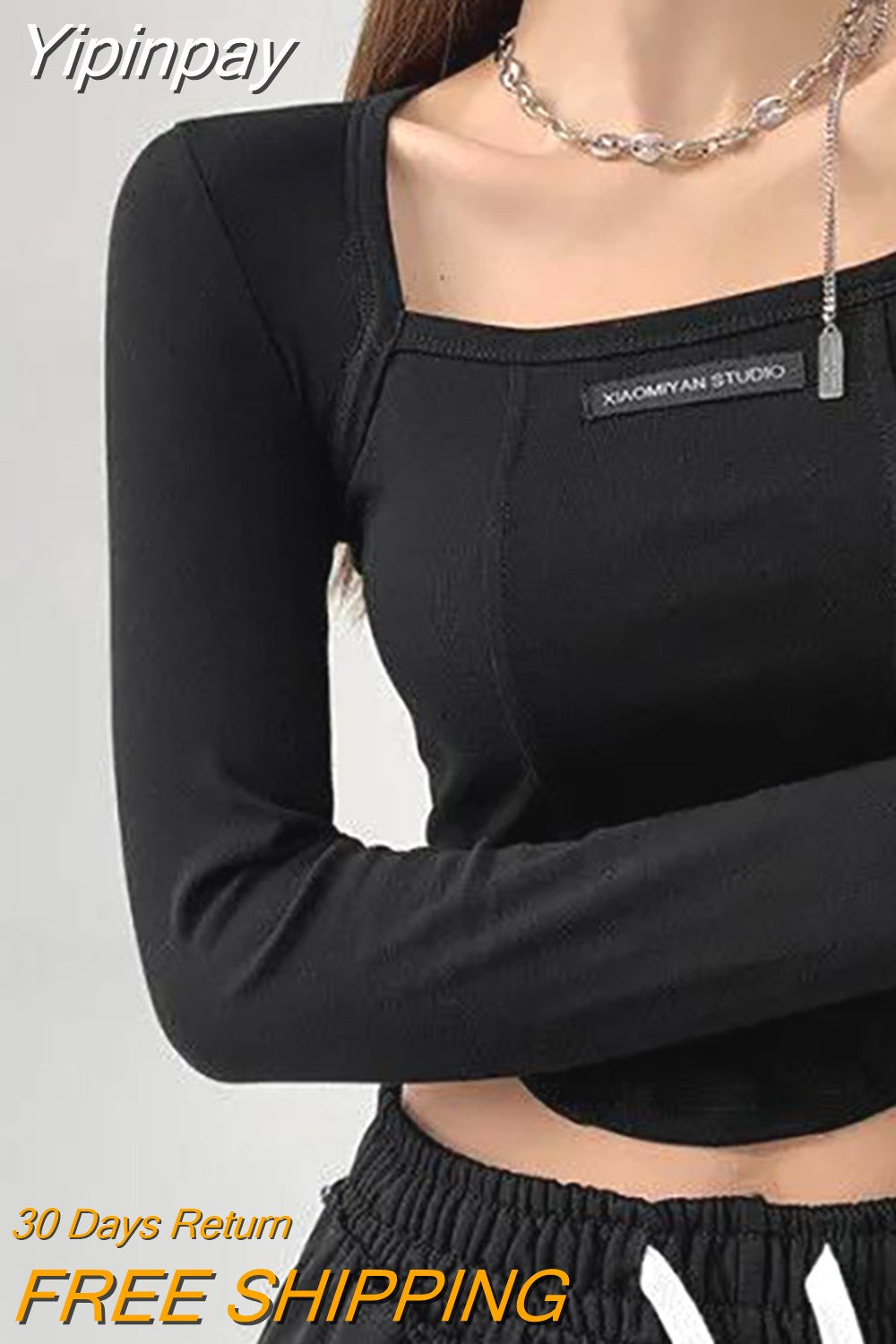 Yipinpay Style Brown Cropped Top Women Fashion Skinny Sexy Long Sleeve T Shirts Female Casual Square Neck Tees