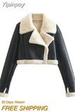 Yipinpay Black Fleece Jacket Women Cropped Faux Leather Jacket Woman 2023 Double Faced Zip Up Short Coat Warm Women's Winter Jackets