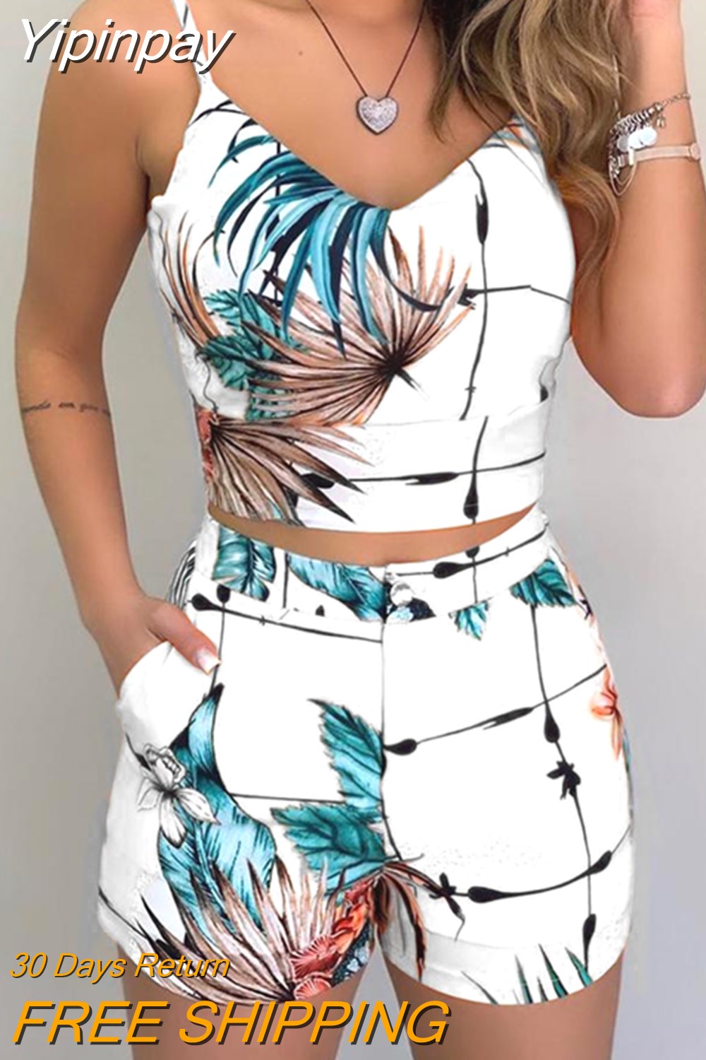 Yipinpay Print Suit Two-piece Women's Tropical Print Suspender Top and Fashionable Street Casual Shorts Suit Female Summer