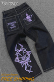 Yipinpay Jeans Mens Hip Hop Retro Letter Embroidery Washed Baggy Denim Pants New Straight Casual Loose Wide Leg Trouser Streetwear 0406