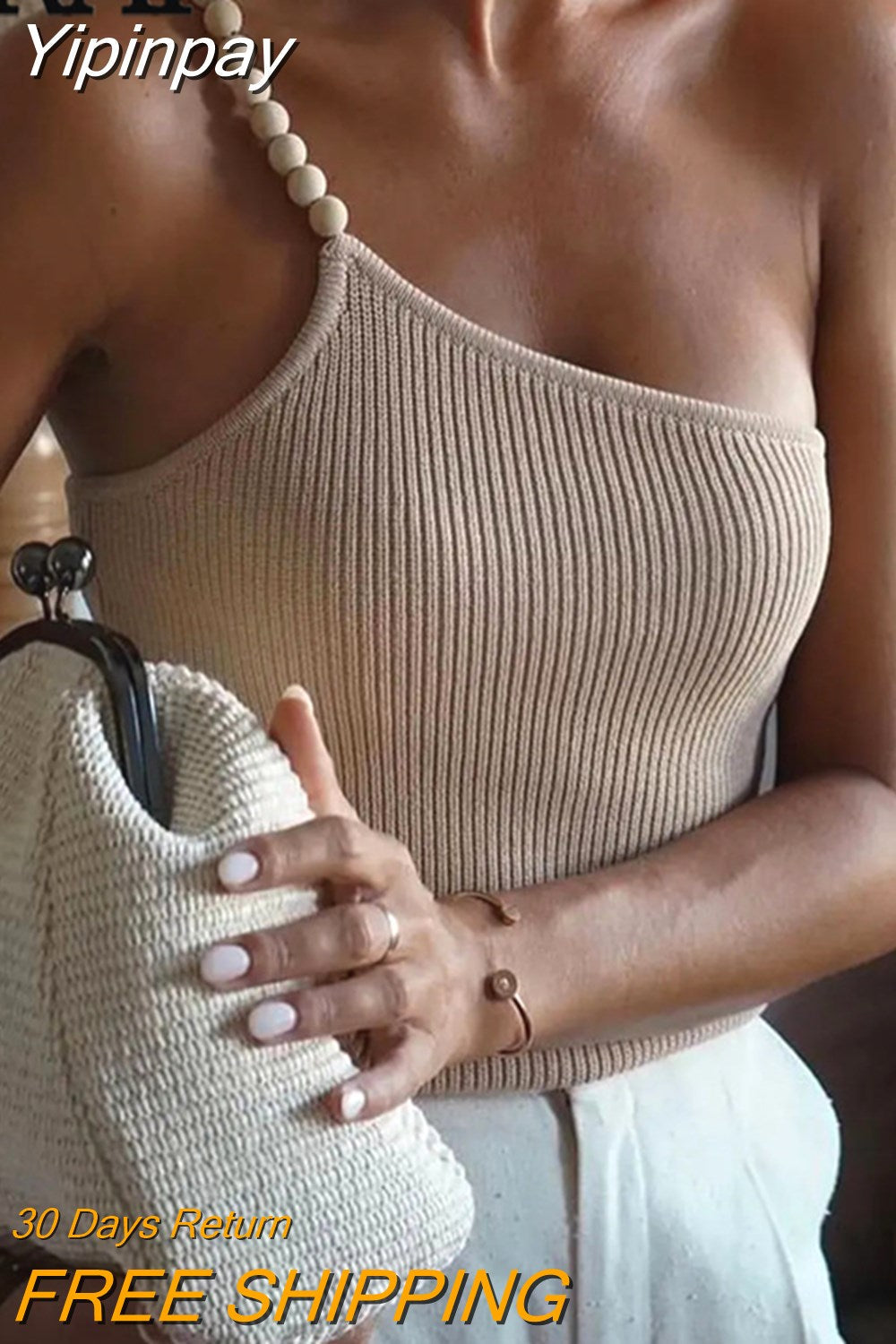 Yipinpay Beaded Crop Top Women Asymmetrical Off Shoulder Knit Top Female Beige Sexy Tops Woman Summer Backless Streetwear Y2k Tops