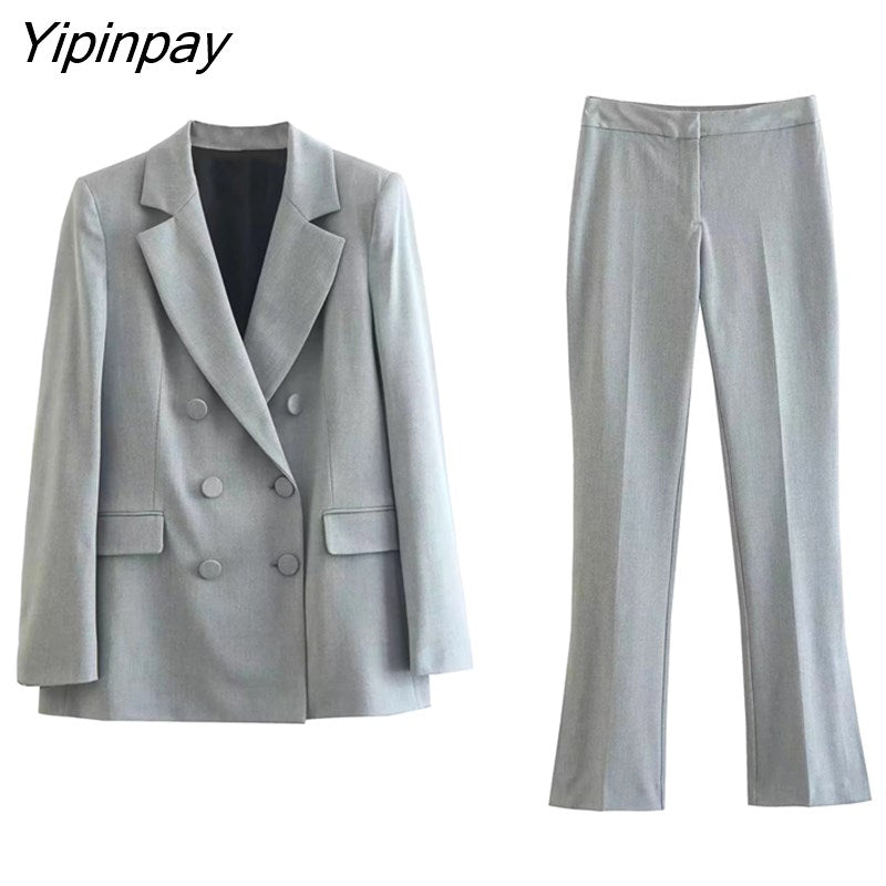 Yipinpay 2023 Spring Autumn Ladies Gray Blazer Suit Office Outfits Solid Double Breasted Jacket+Zipper Split Basic Long Pant Outwear