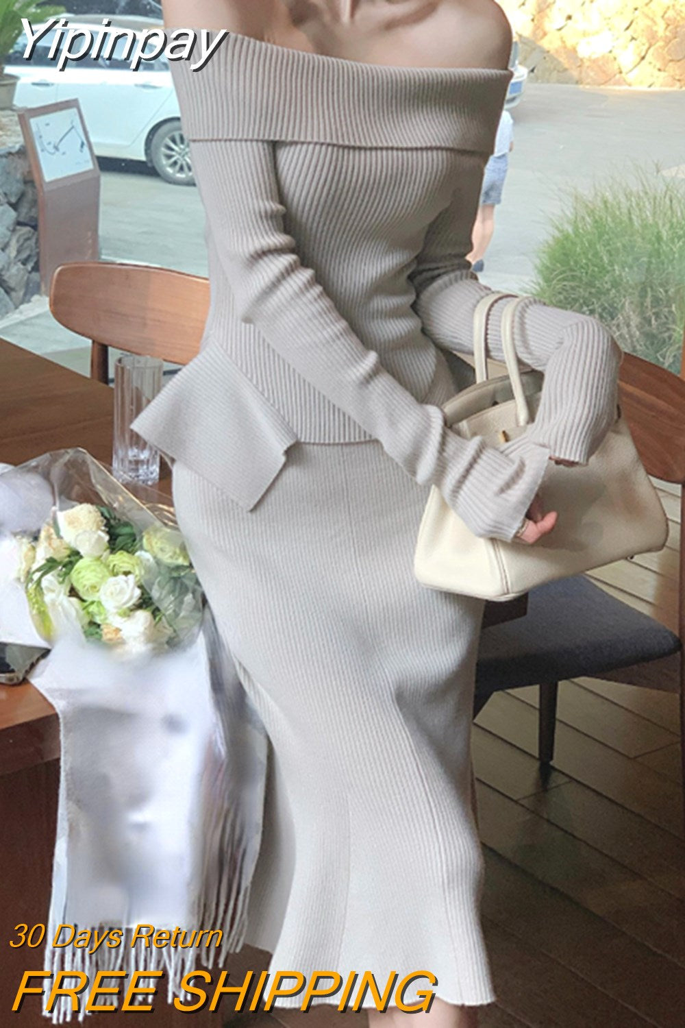 Yipinpay Lady 2 Piece Dress Set Woman Casual Y2k Tops + Slim Bodycon Midi Skirt Pure Color Knitted Suit Korean Fashion 2023 Autumn