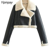 Yipinpay Women Fashion Thick Warm Faux Shearling Jacket Coat 2023 Vintage Long SleeveHem Female Short Outerwear Chic Tops