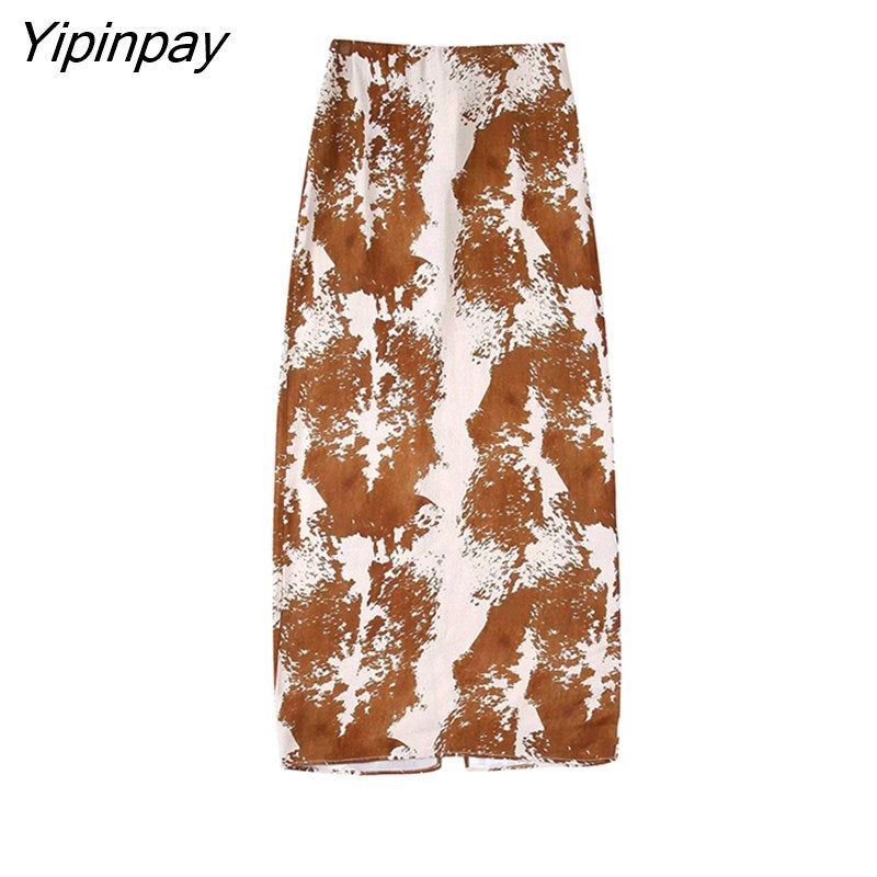 Yipinpay 2023 Ladies Printed Straight Skirts Spring Autumn High Waist Back Split Skirt Female Zipper Midi Pencil Skirt