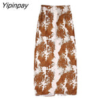 Yipinpay 2023 Ladies Printed Straight Skirts Spring Autumn High Waist Back Split Skirt Female Zipper Midi Pencil Skirt