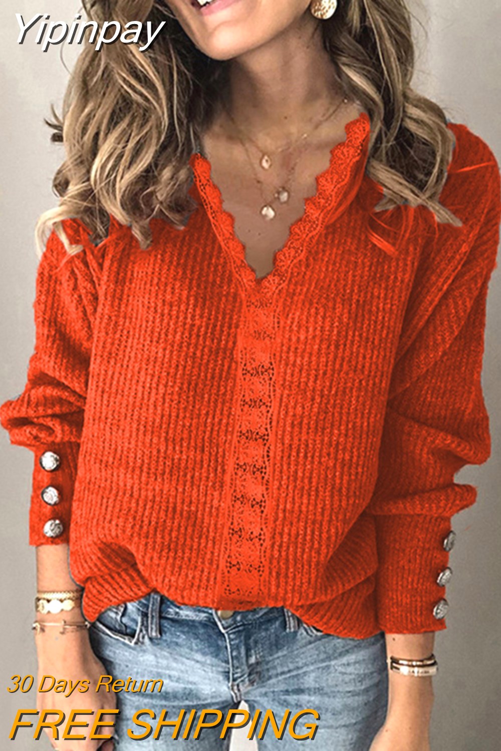Yipinpay autumn and winter new lace V-neck coat head sweater ladies loose long sleeve solid color sweater pullover tops