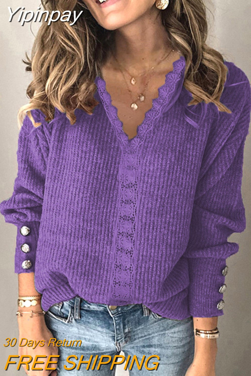 Yipinpay autumn and winter new lace V-neck coat head sweater ladies loose long sleeve solid color sweater pullover tops