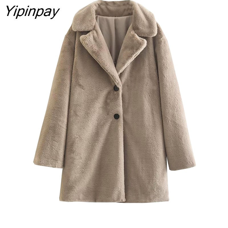 Yipinpay Winter Thicken Faux Fur Coat 2023 Fleece Solid Cardigan Jacket Female Coat Women Overcoat Casual Warm Plush Mujer Chaqueta