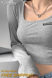 Yipinpay Labeling Long Sleeve T-shirt Women New Korean Skinny Cropped Tops Fashion Casual Square Collar Basic Tees Egirls