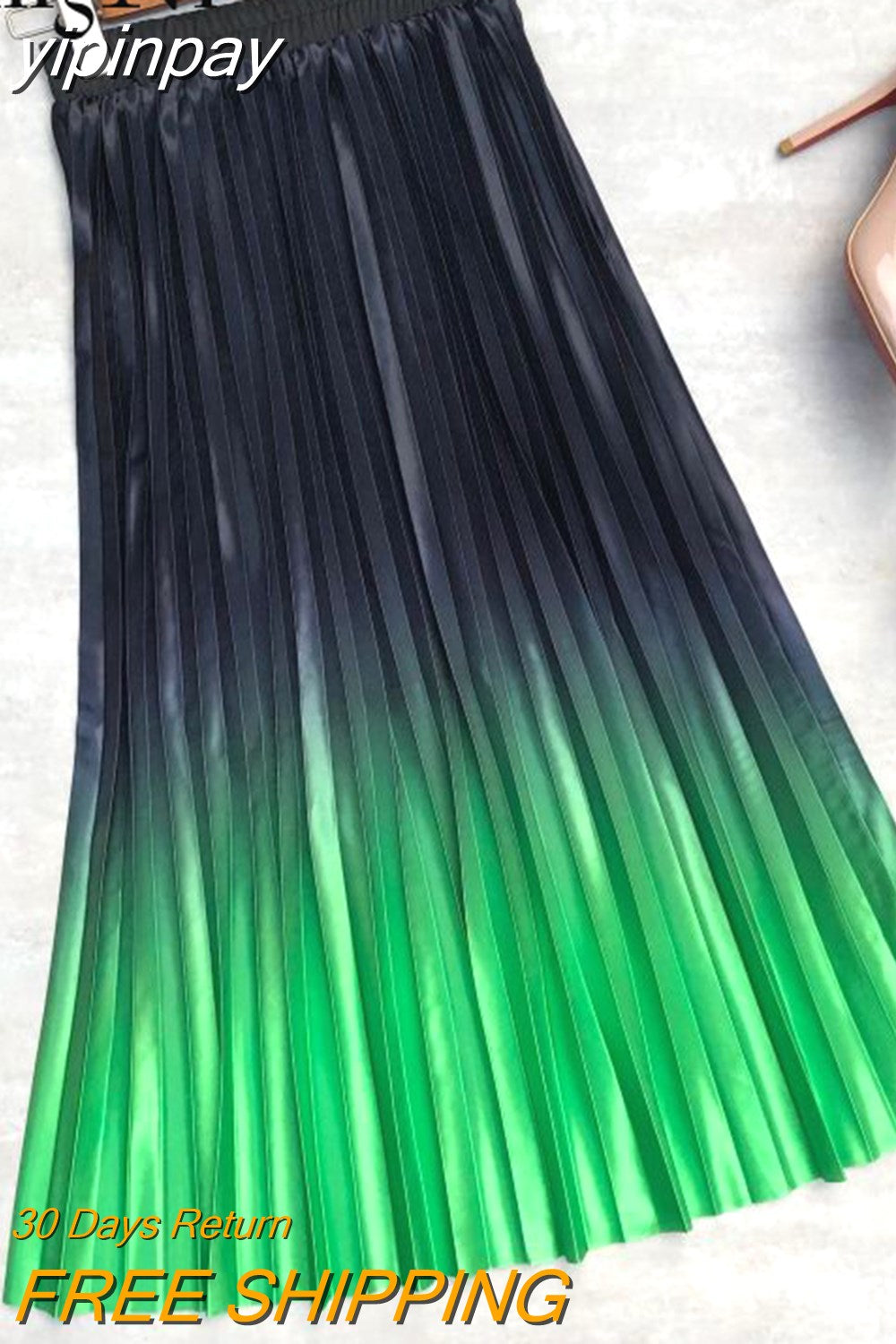 yipinpay 2023 Pleated Midi Skirts Womens Satin Tie Dye Gradient High Waist Long Skirt Stylish Casual Elegant Faldas Female Jupe