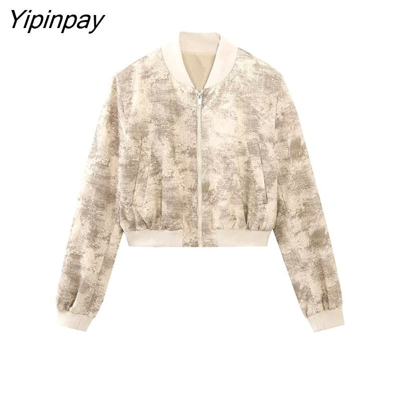 Yipinpay Women Spring Pilot Jackets Skirt Sets 2023 Fashion Print Long Sleeved Short Coats Pockets Elastic Waist Mini Skirts Outwear