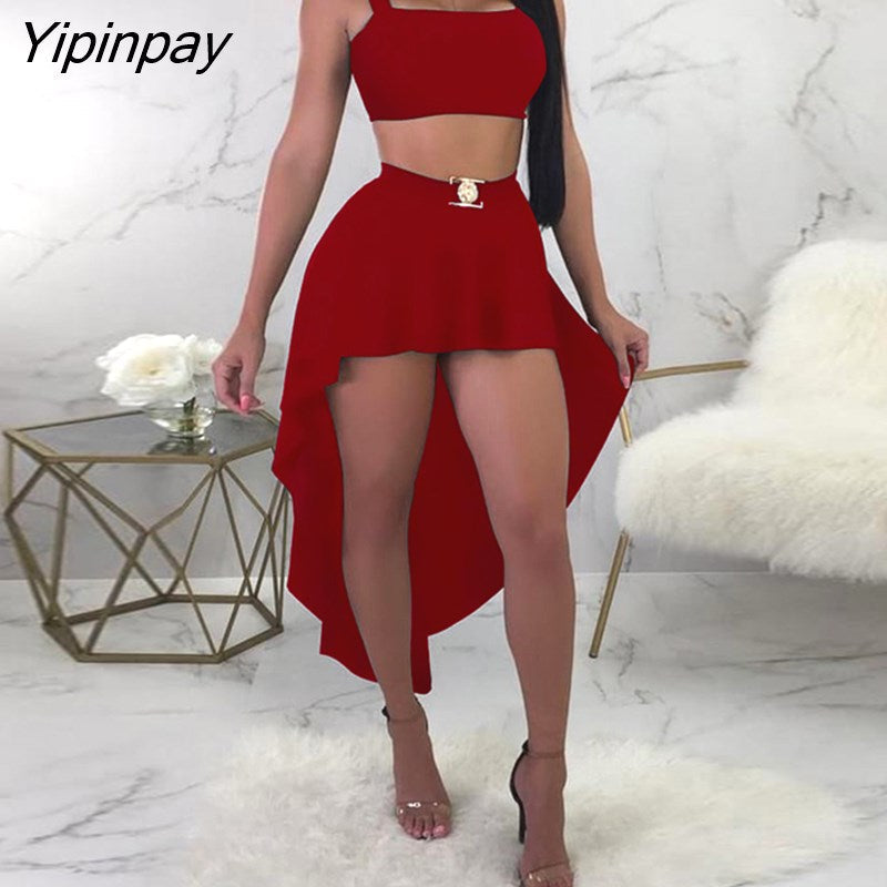Yipinpay Women Clothes Thick Strap Square Neck Top & Dip Hem Skirt Set Casual Look for Women 2023