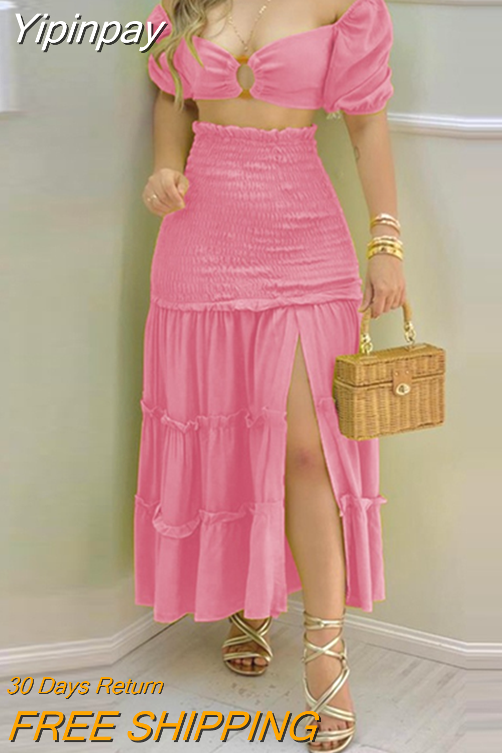 Yipinpay Fashion Holiday Floral Print O Neck Crop Top Shirr +Slit High Waist Women Maxi Skirt Sets 2023 Female Fashion New