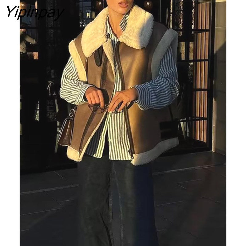 Yipinpay Women Fashion Winter Fleece Vest Coats 2023 Thick Warm Lapel Zip Locomotive Waistcoat Top Chic Female Suede Fur All-in-One