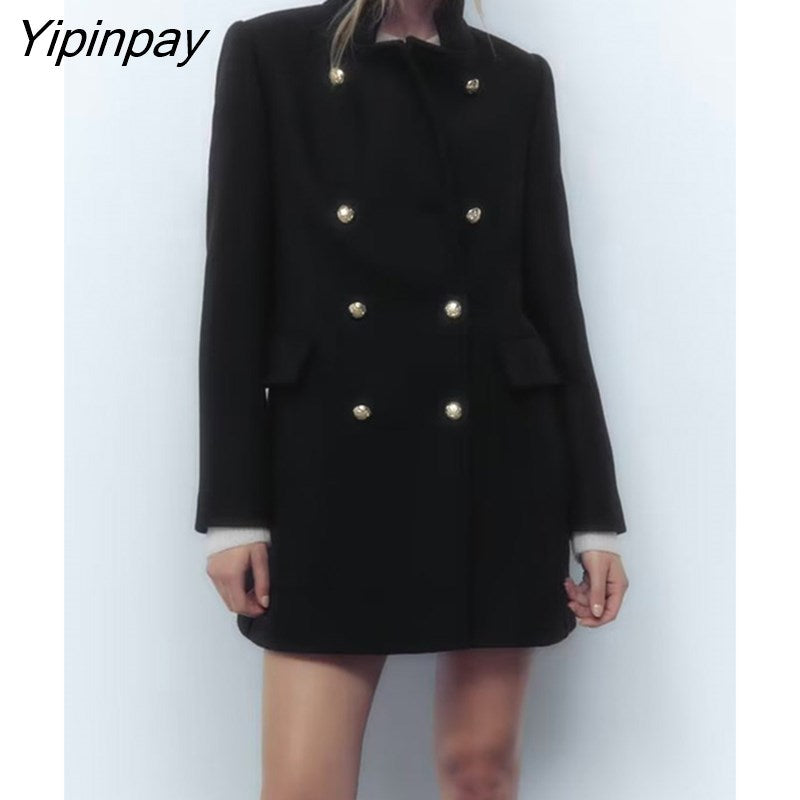 Yipinpay 2023 New Winter Solid Coat Women Double Breasted Long Sleeve Jacket Outwear Warm Basic Female Fashion Overcoat