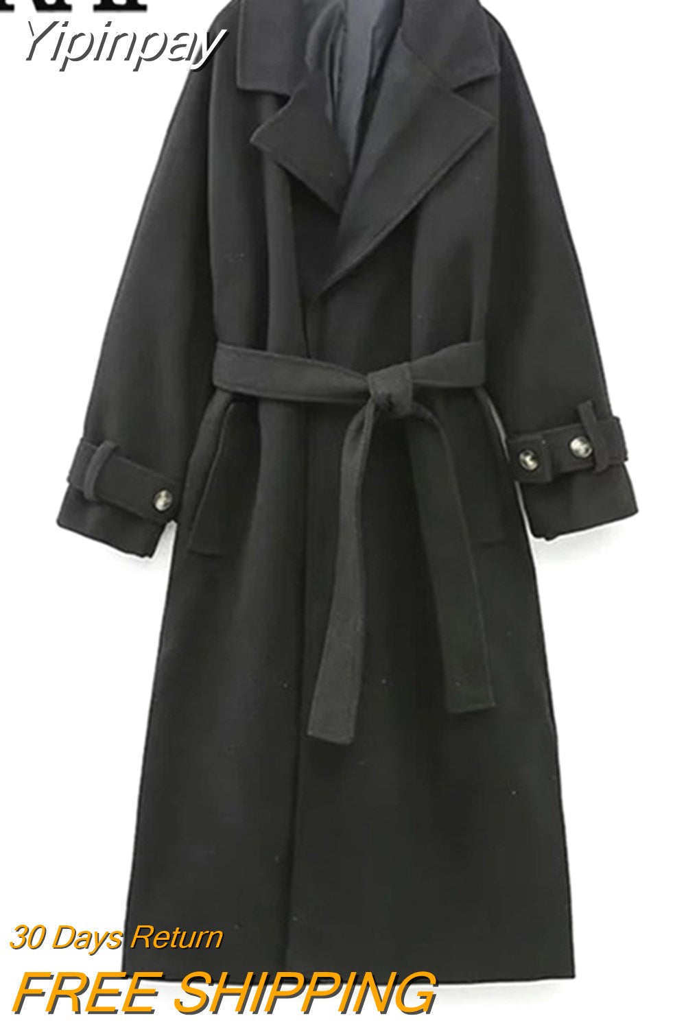 Yipinpay Black Long Coat For Women Long Sleeve Elegant Winter Woman Coats 2023 Fashion Belt Winter Overcoat Female New In Outerwears